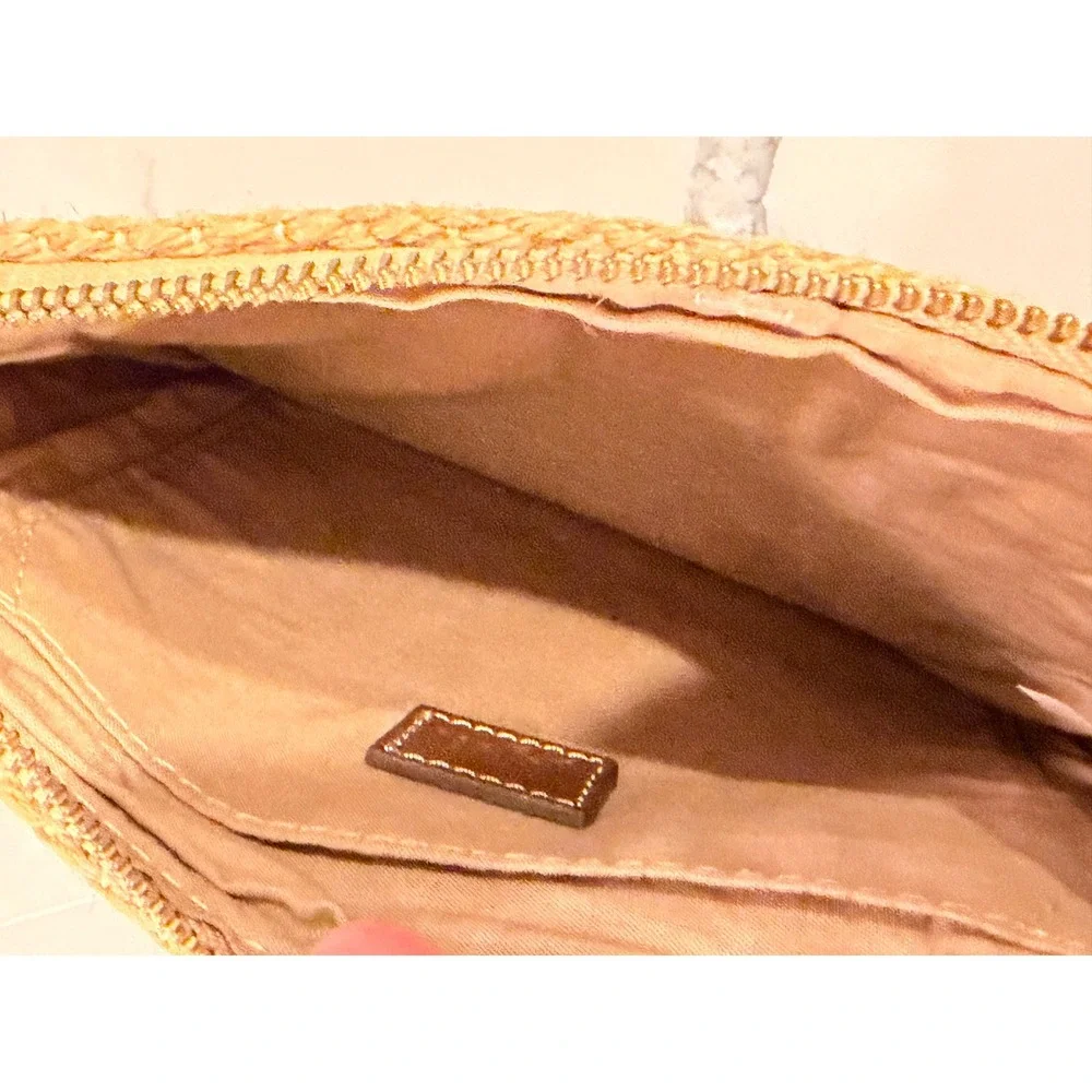 J Jill Jute Stripe Clutch Wristlet Tan Orange Navy Tassel Boho Zip Bag